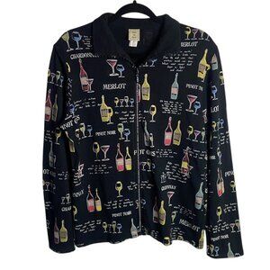 Jess & Jane Size Large Full Zip Collared Sweatshirt Black Wine Print Rhinestone